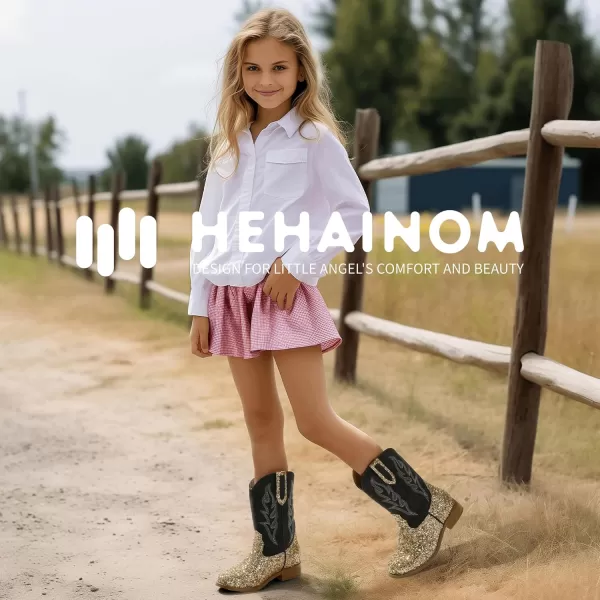 imageHehainom Girls Cowgirl Boots for Toddler Cowgirl Booties Little Big Kids Western Mid Calf Riding Shoes Boys Cowboy BootsGoldsequin