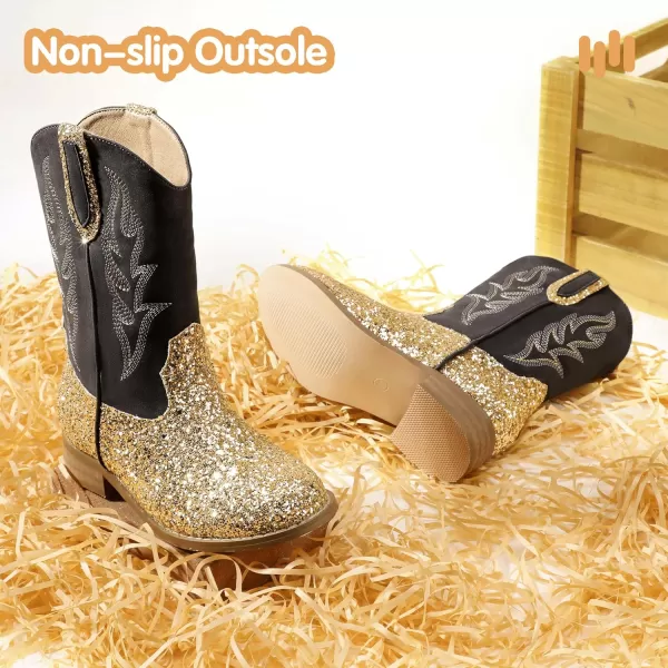imageHehainom Girls Cowgirl Boots for Toddler Cowgirl Booties Little Big Kids Western Mid Calf Riding Shoes Boys Cowboy BootsGoldsequin