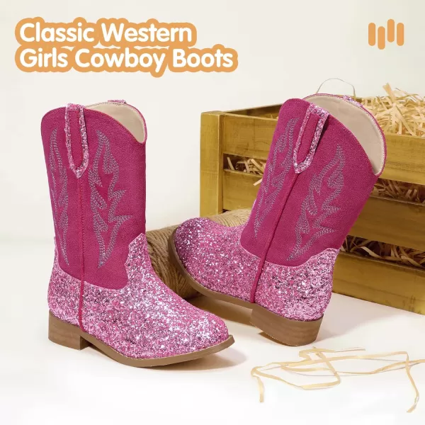 imageHehainom Girls Cowgirl Boots for Toddler Cowgirl Booties Little Big Kids Western Mid Calf Riding Shoes Boys Cowboy BootsPinksequin