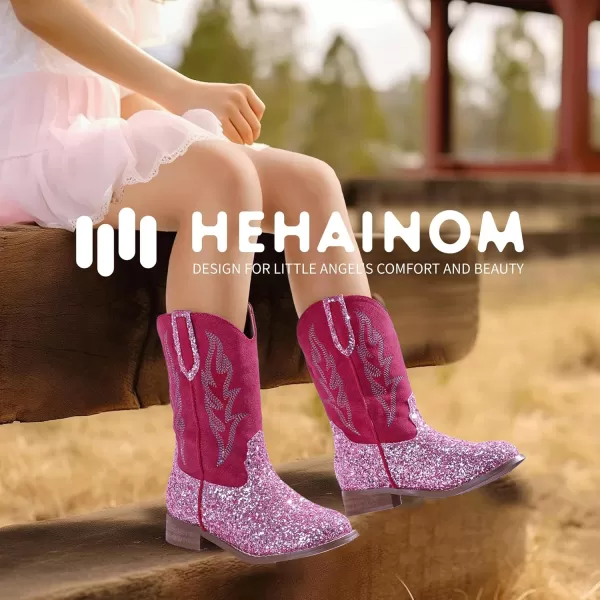 imageHehainom Girls Cowgirl Boots for Toddler Cowgirl Booties Little Big Kids Western Mid Calf Riding Shoes Boys Cowboy BootsPinksequin