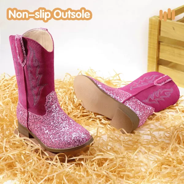 imageHehainom Girls Cowgirl Boots for Toddler Cowgirl Booties Little Big Kids Western Mid Calf Riding Shoes Boys Cowboy BootsPinksequin