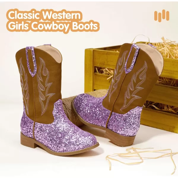 imageHehainom Girls Cowgirl Boots for Toddler Cowgirl Booties Little Big Kids Western Mid Calf Riding Shoes Boys Cowboy BootsPurplesequin