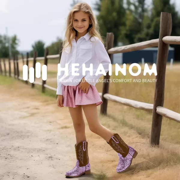 imageHehainom Girls Cowgirl Boots for Toddler Cowgirl Booties Little Big Kids Western Mid Calf Riding Shoes Boys Cowboy BootsPurplesequin