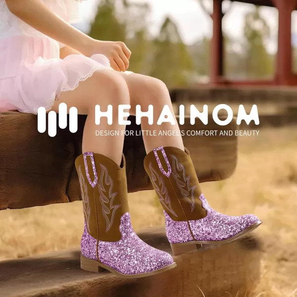 imageHehainom Girls Cowgirl Boots for Toddler Cowgirl Booties Little Big Kids Western Mid Calf Riding Shoes Boys Cowboy BootsPurplesequin