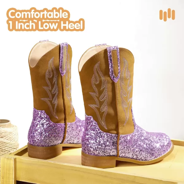 imageHehainom Girls Cowgirl Boots for Toddler Cowgirl Booties Little Big Kids Western Mid Calf Riding Shoes Boys Cowboy BootsPurplesequin