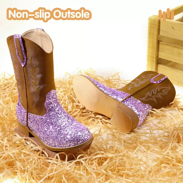 imageHehainom Girls Cowgirl Boots for Toddler Cowgirl Booties Little Big Kids Western Mid Calf Riding Shoes Boys Cowboy BootsPurplesequin