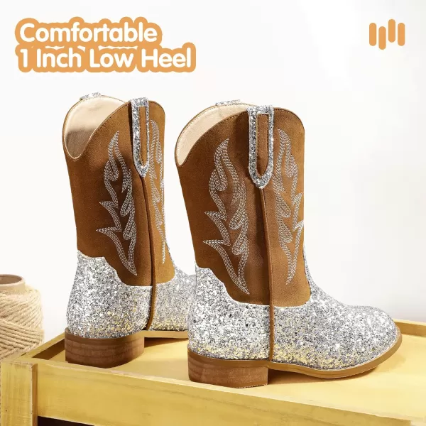imageHehainom Girls Cowgirl Boots for Toddler Cowgirl Booties Little Big Kids Western Mid Calf Riding Shoes Boys Cowboy BootsSilversequin