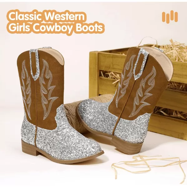 imageHehainom Girls Cowgirl Boots for Toddler Cowgirl Booties Little Big Kids Western Mid Calf Riding Shoes Boys Cowboy BootsSilversequin