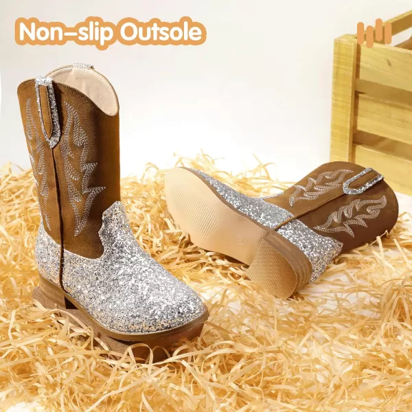 imageHehainom Girls Cowgirl Boots for Toddler Cowgirl Booties Little Big Kids Western Mid Calf Riding Shoes Boys Cowboy BootsSilversequin