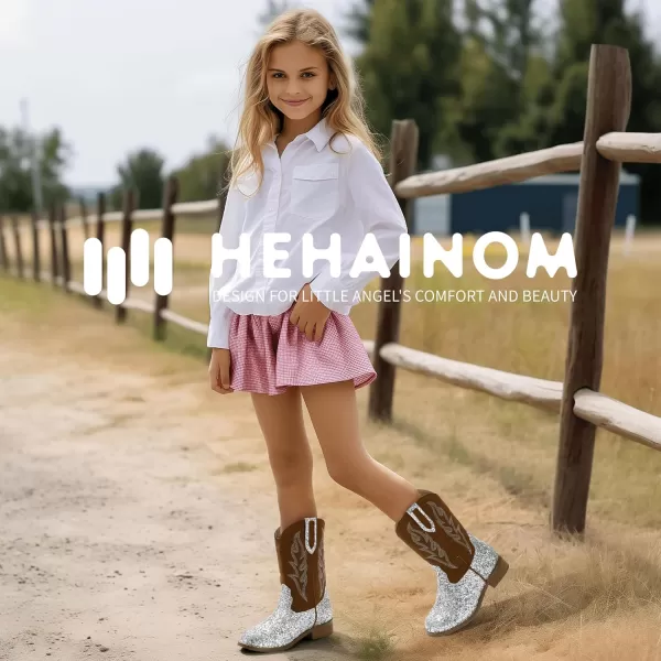 imageHehainom Girls Cowgirl Boots for Toddler Cowgirl Booties Little Big Kids Western Mid Calf Riding Shoes Boys Cowboy BootsSilversequin