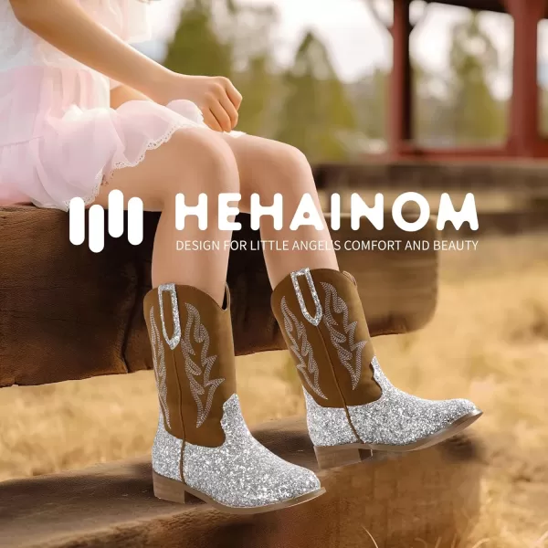 imageHehainom Girls Cowgirl Boots for Toddler Cowgirl Booties Little Big Kids Western Mid Calf Riding Shoes Boys Cowboy BootsSilversequin