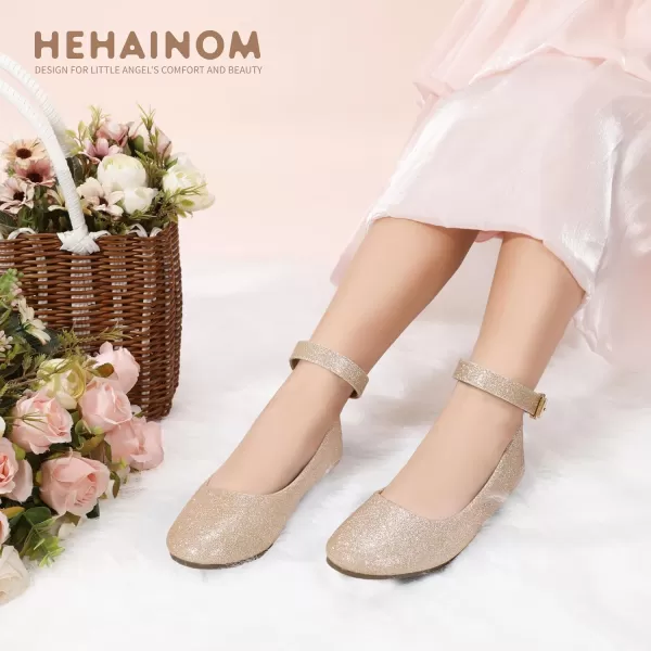 imageHehainom Girls Dress Shoes Wedding Party School Ankle Strap Ballet Flats Shoes Little Big Kids Flower Girl ShoesGoldglitter