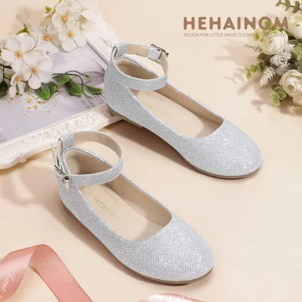 imageHehainom Girls Dress Shoes Wedding Party School Ankle Strap Ballet Flats Shoes Little Big Kids Flower Girl ShoesSilverglitter