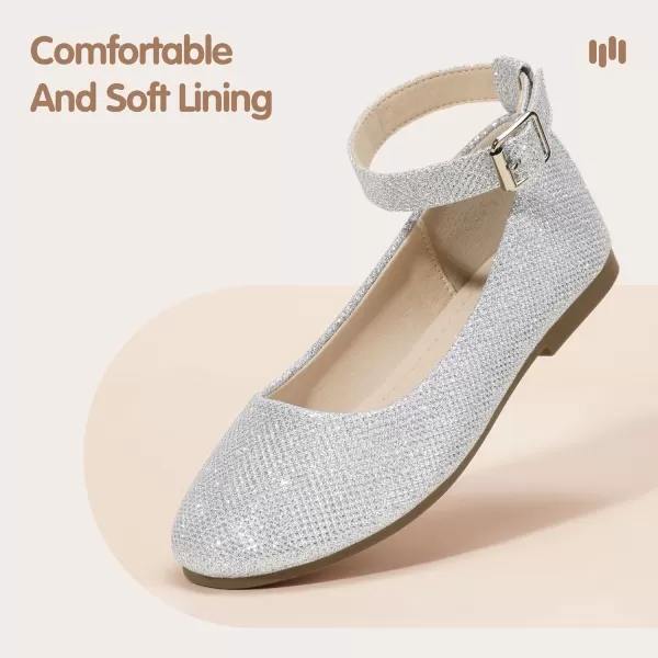 imageHehainom Girls Dress Shoes Wedding Party School Ankle Strap Ballet Flats Shoes Little Big Kids Flower Girl ShoesSilverglitter