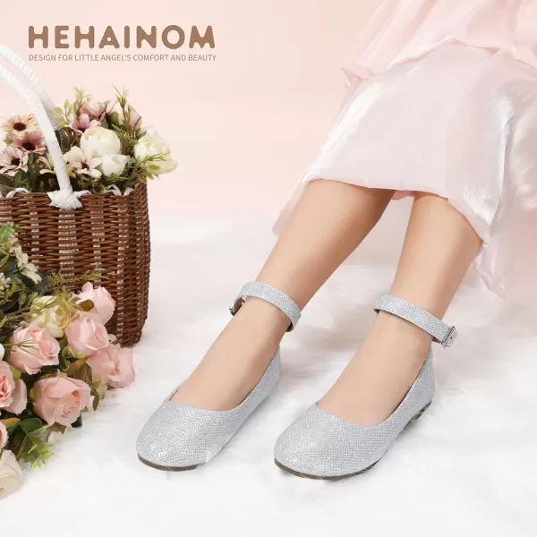 imageHehainom Girls Dress Shoes Wedding Party School Ankle Strap Ballet Flats Shoes Little Big Kids Flower Girl ShoesSilverglitter