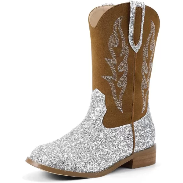 imageHehainom Girls Cowgirl Boots for Toddler Cowgirl Booties Little Big Kids Western Mid Calf Riding Shoes Boys Cowboy BootsSilversequin