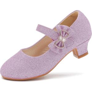 imageDufannie Girls Dress Shoes Low Heel Princess Flats Mary Jane Flower Wedding Party Glitter Shoes for Kids ToddlerGenerous Glitter Purple