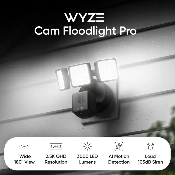 WYZE Floodlight Camera Pro 3000Lumen LEDs 180 Wide View 2K HD Outdoor Security Camera Motion Detection 105dB Siren Cloud ampamp Local Storage Color Night Vision for Home Surveillance WiredWhiteBlack
