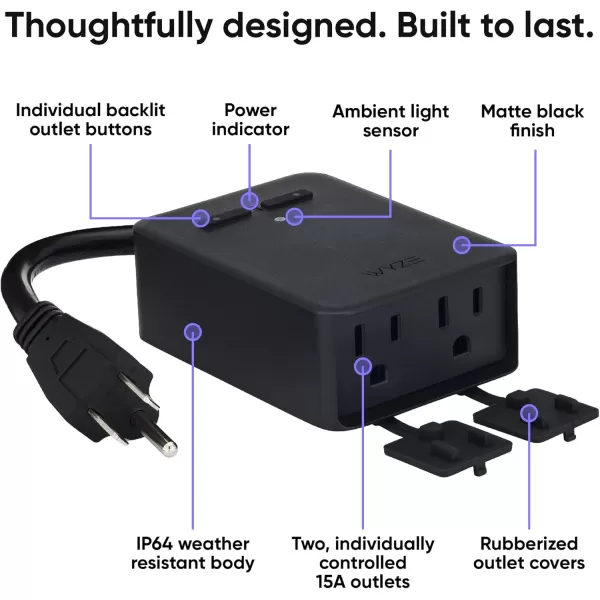 Wyze Plug Outdoor Dual Outlets Energy Monitoring IP64 24GHz WiFi Smart Plug Works with Alexa Google Assistant IFTTT No Hub Required Black  A Certified for Humans Device