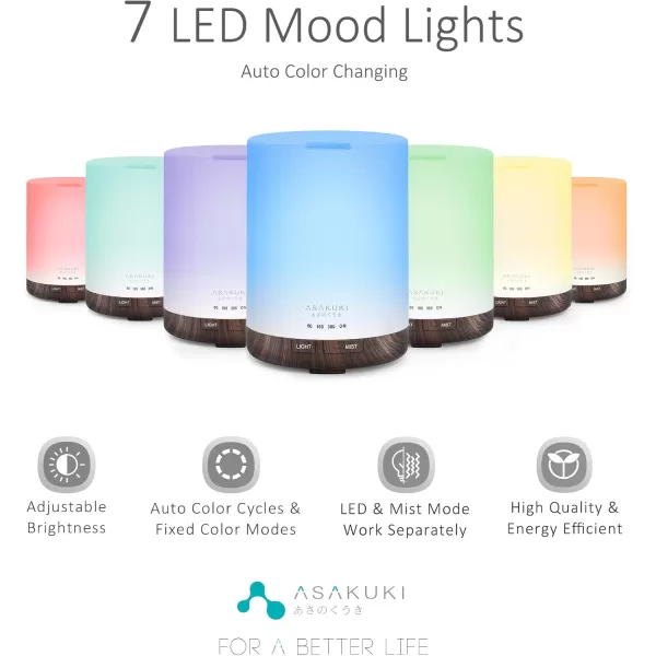 ASAKUKI 100ml Essential Oil Diffuser 5 in 1 Ultrasonic Aromatherapy Diffuser with Intermittent Timer 7 LED Lights and AutoOff Safety SwitchDark Brown