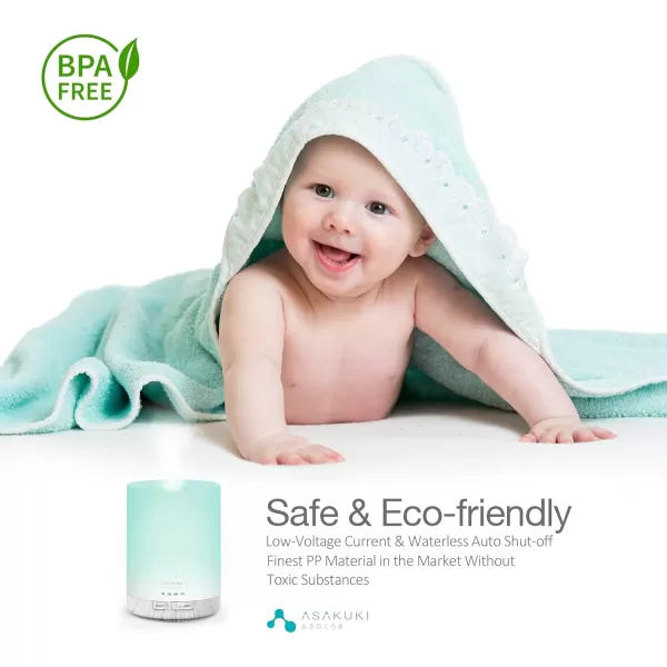 ASAKUKI 100ml Essential Oil Diffuser 5 in 1 Ultrasonic Aromatherapy Diffuser with Intermittent Timer 7 LED Lights and AutoOff Safety SwitchWhite