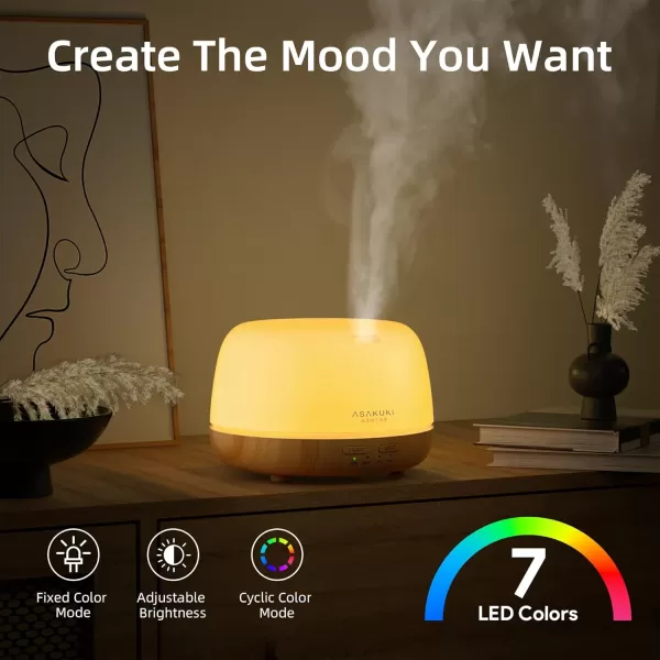 ASAKUKI 500ml Premium Essential Oil Diffuser with Remote Control 5 in 1 Ultrasonic Aromatherapy Fragrant Oil Humidifier Vaporizer Timer and AutoOff Safety Switch BrownYellow300ml