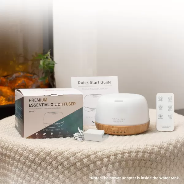 ASAKUKI 500ml Premium Essential Oil Diffuser with Remote Control 5 in 1 Ultrasonic Aromatherapy Fragrant Oil Humidifier Vaporizer Timer and AutoOff Safety Switch BrownYellow300ml