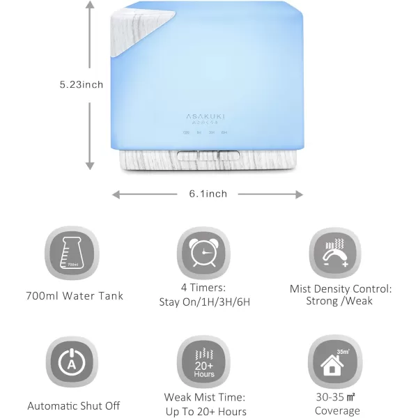 ASAKUKI 700 ml Premium Essential Oil Diffuser 5 in 1 Ultrasonic Aromatherapy Fragrant Oil Vaporizer Humidifier Timer and AutoOff Safety Switch 7 LED Light ColorsWhite Wood