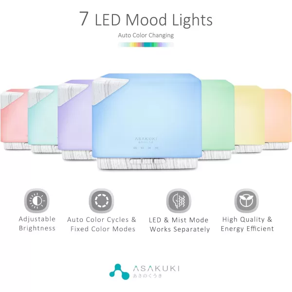 ASAKUKI 700 ml Premium Essential Oil Diffuser 5 in 1 Ultrasonic Aromatherapy Fragrant Oil Vaporizer Humidifier Timer and AutoOff Safety Switch 7 LED Light ColorsWhite Wood