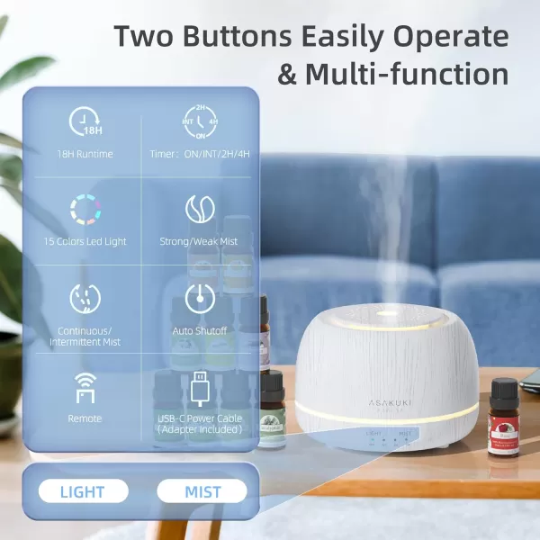 ASAKUKI Essential Oil Diffuser 300ML Aromatherapy Humidifier with 7Color Light Small Home Diffuser with Remote Control and 7 LED Color Ambiance Light  WhiteBwith Oil White