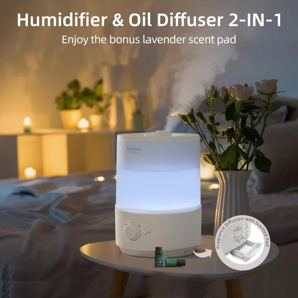 ASAKUKI Humidifiers for Bedroom 3L Top Fill Cool Mist Humidifiers for Baby Nursery ampamp Plants 3IN1 Quiet Air Humidifier Oil Diffuser ampamp Night Light for Large Room Home Auto Shutoff BPAFree 30HWhite