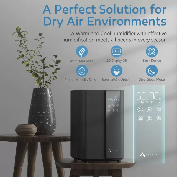 ASAKUKI Humidifiers for Bedroom Large Room 4L Cool Mist Top Fill Humidifier with LED Display ampamp Oil Diffuser Humidity Control Sleep Mode Ultrasonic Humidifier Quiet for Baby Kids Plants White5Liters Warm  Cool Mist