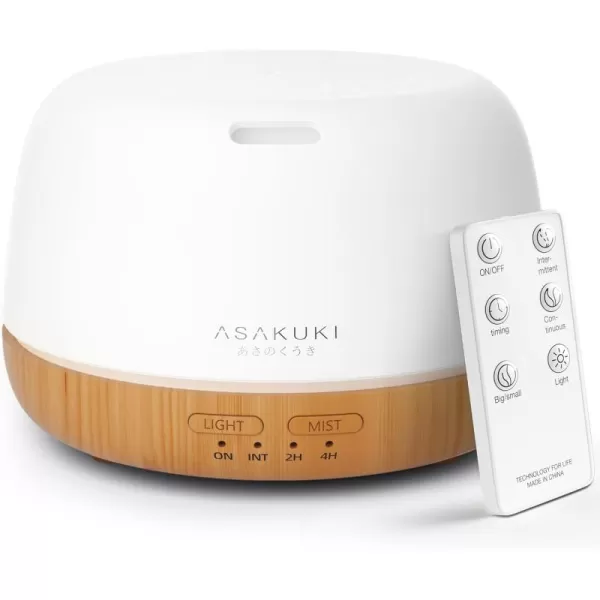 ASAKUKI 500ml Premium Essential Oil Diffuser with Remote Control 5 in 1 Ultrasonic Aromatherapy Fragrant Oil Humidifier Vaporizer Timer and AutoOff Safety Switch BrownYellow300ml