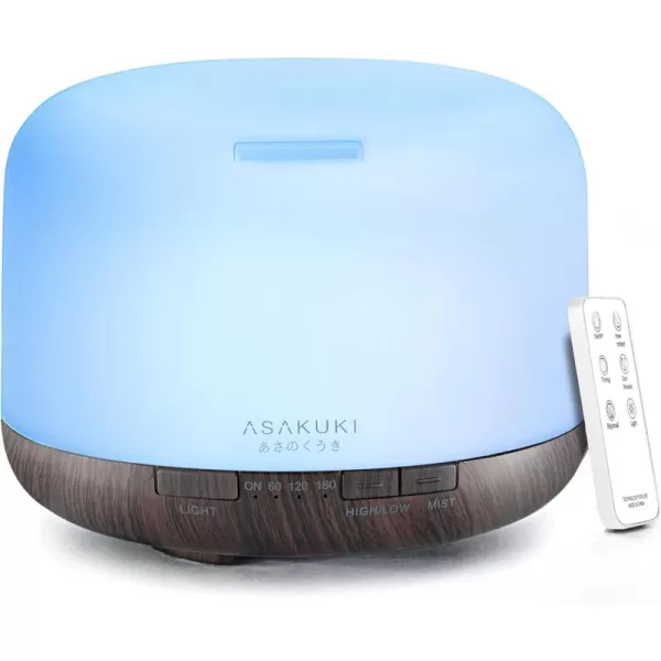 ASAKUKI 500ml Premium Essential Oil Diffuser with Remote Control 5 in 1 Ultrasonic Aromatherapy Fragrant Oil Humidifier Vaporizer Timer and AutoOff Safety Switch BrownBrown