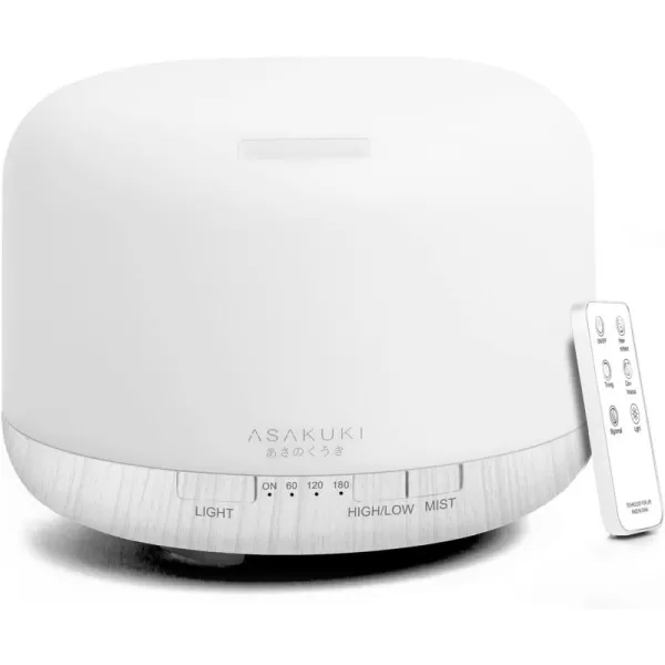 ASAKUKI 500ml Premium Essential Oil Diffuser with Remote Control 5 in 1 Ultrasonic Aromatherapy Fragrant Oil Humidifier Vaporizer Timer and AutoOff Safety Switch BrownWhite