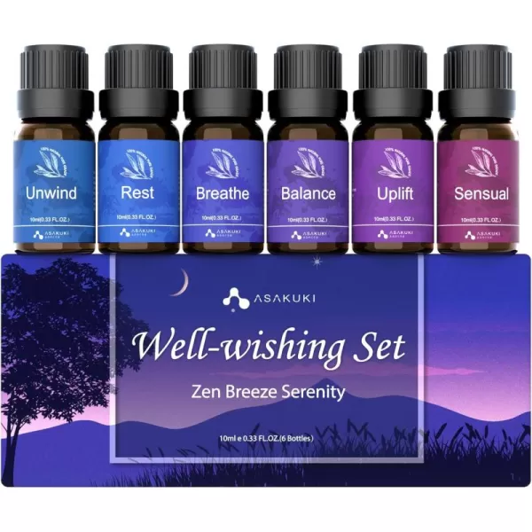 ASAKUKI Essential Oil Blends Essential Oils Set for Diffusers for Home WellBeing Kit Calming Dreams Breathe Relaxing Mood Fresh Air Aromatherapy Oils for Humidifiers Massage 6x10mlWellwishing