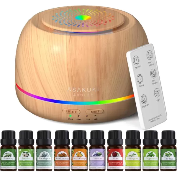 ASAKUKI Essential Oil Diffuser 300ML Aromatherapy Humidifier with 7Color Light Small Home Diffuser with Remote Control and 7 LED Color Ambiance Light  WhiteCwith Oil Yellow Wood