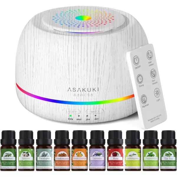 imageASAKUKI Premium Essential Oil Diffuser with 10 Oil Set ampampRemote Control 5 in 1 Ultrasonic Aromatherapy Fragrant Oil Humidifier Vaporizer Timer and AutoOff Safety SwitchWhite