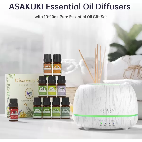 imageASAKUKI Premium Essential Oil Diffuser with 10 Oil Set ampampRemote Control 5 in 1 Ultrasonic Aromatherapy Fragrant Oil Humidifier Vaporizer Timer and AutoOff Safety SwitchWhite