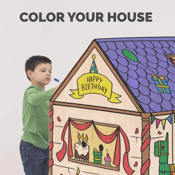 Bankers Box at Play Color in Birthday Playhouse Cardboard Playhouse and Life Size Craft Activity for Kids and FamiliesBirthday Playhouse