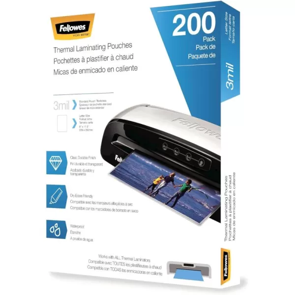 Fellowes Thermal Laminating Pouches Letter Size Sheets 3mil 300 Pack Clear 52471013mil  200 Pack