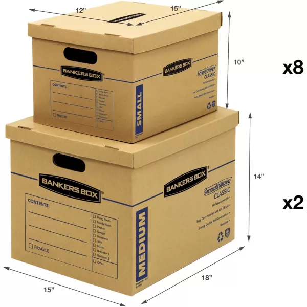 Bankers Box Classic Moving Box 12 Pack Kit Reinforced Handles TapeFree Assembly Box with Lid 8 Small and 4 Medium Boxes 7716401Assorted Kit