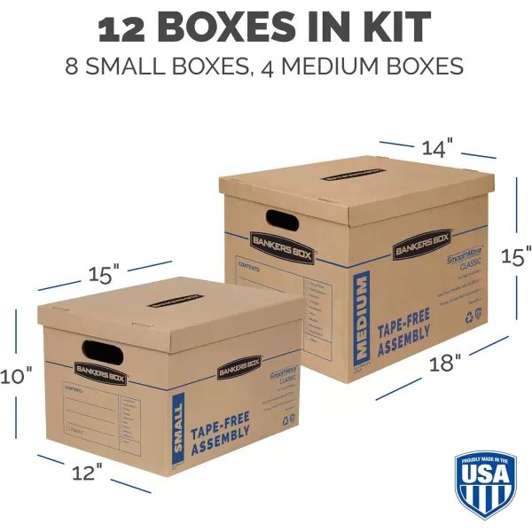 Bankers Box Classic Moving Box 12 Pack Kit Reinforced Handles TapeFree Assembly Box with Lid 8 Small and 4 Medium Boxes 7716401Assorted Kit