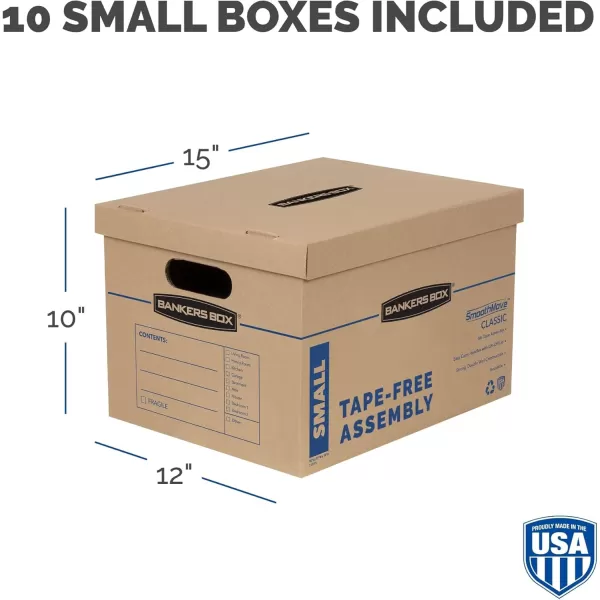 Bankers Box Small Classic Moving Box 10 Pack Reinforced Handles TapeFree Assembly Box with Lid 15in x 12in x 10in 7714203