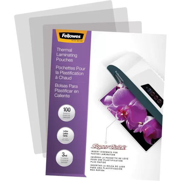 Fellowes Glossy SuperQuick Laminating Pouches Letter Size 100 Per Pack 5245801