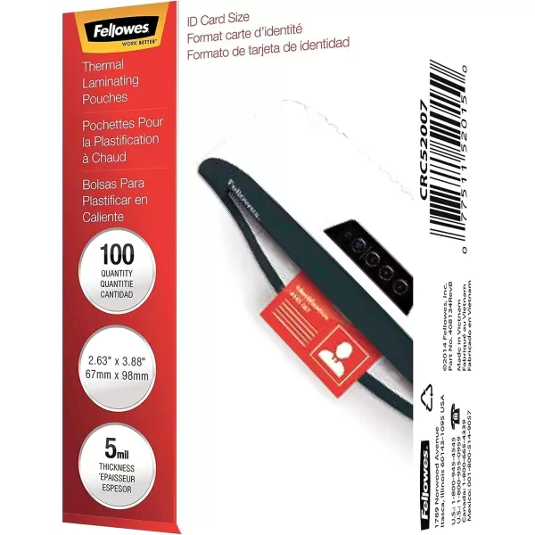 Fellowes Hot Laminating Pouches ID Tag Not Punched 5 mil 100 Pack 520155mil100pk