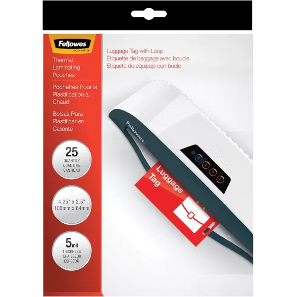 Fellowes Hot Laminating Pouches Luggage ID Tag with Loop 5 mil 25 Pack 520035mil25pk