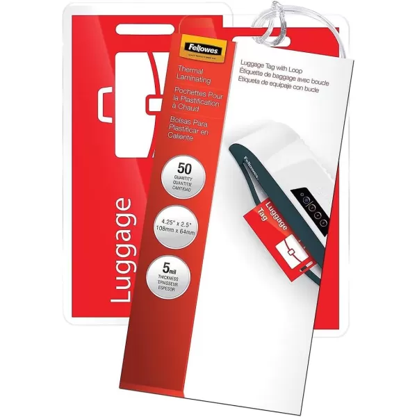 Fellowes Hot Laminating Pouches Luggage ID Tag with Loop 5 mil 25 Pack 520035mil50pk