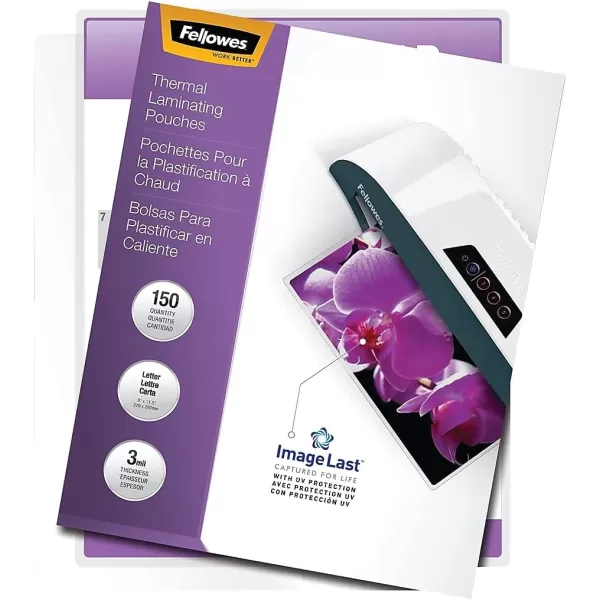 Fellowes Thermal Laminating Pouches ImageLast Jam Free Letter Size 3 Mil 150 Pack 5200509 Clear