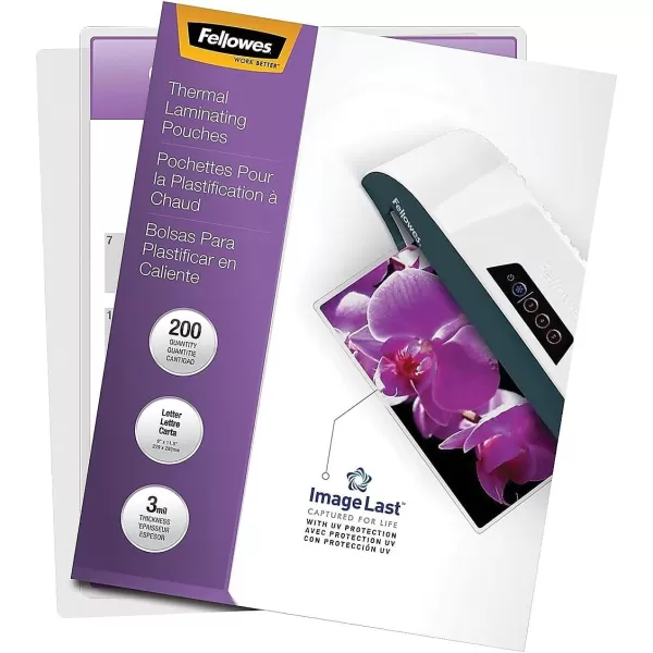 Fellowes Thermal Laminating Pouches ImageLast Jam Free Letter Size 3 Mil 200 Pack 5244101